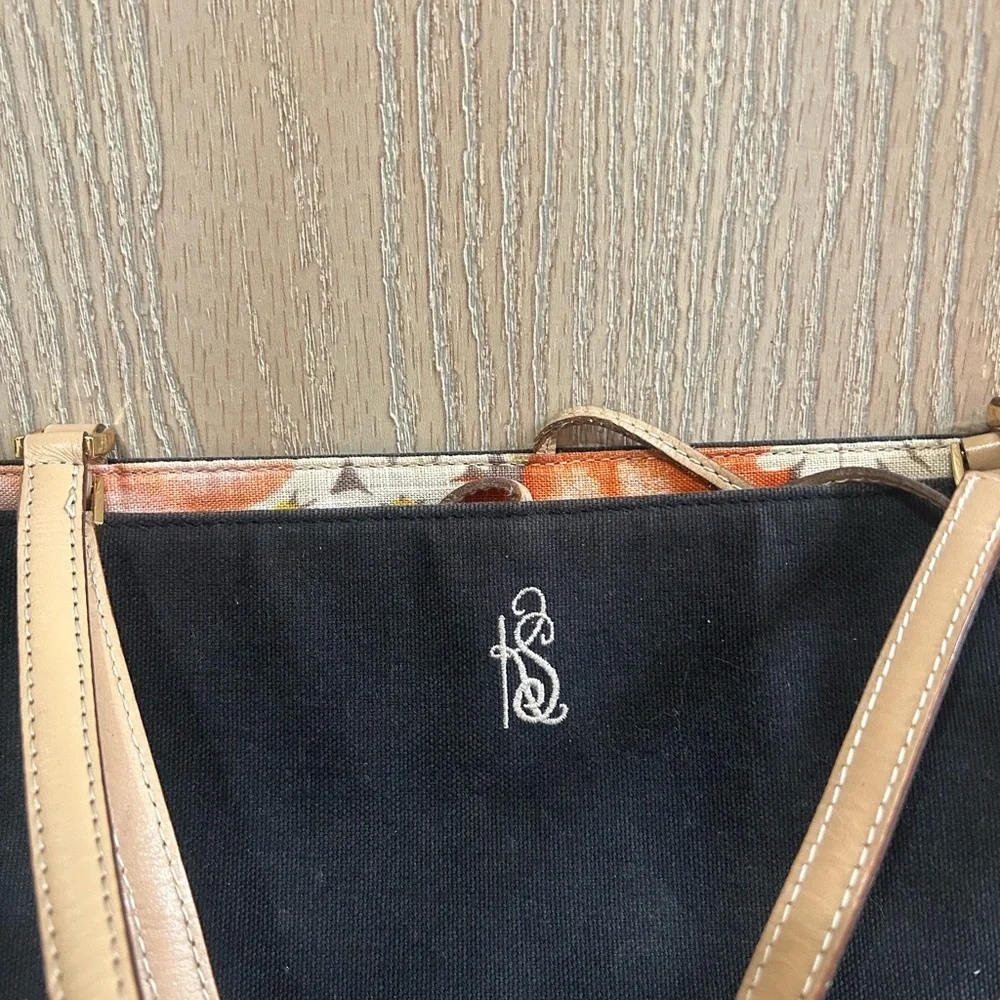 Kate Spade Linen Canvas Tote Bag Monogram Black Tan Travel Shoulder Floral Lined